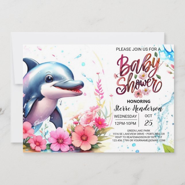 Whimsical Waves Dolphin Girl Baby Shower Invitation (Front)