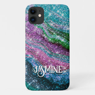 Whimsical wavy blue purple Glitter monogram iPhone 11 Case