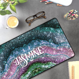 Whimsical wavy blue purple Glitter monogram Desk Mat