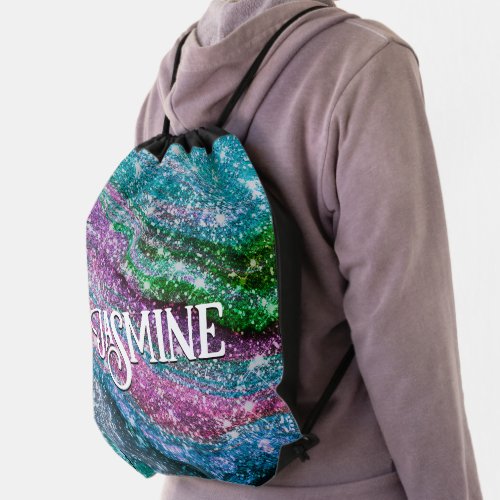 Whimsical wavy blue purple Glitter monogram Drawstring Bag