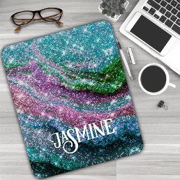 Whimsical wavy blue purple Glitter monogram Mouse Pad