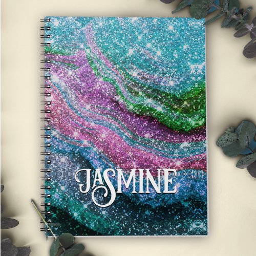 Whimsical wavy blue purple Glitter monogram Notebo Notebook