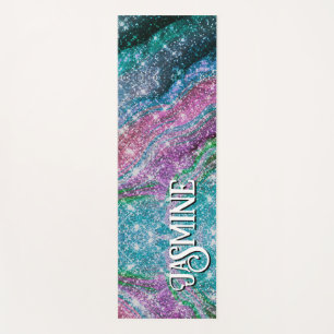 Whimsical wavy blue purple Glitter monogram Yoga Mat