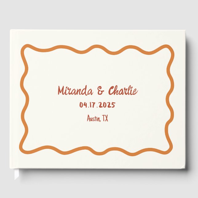 Whimsical Wavy Border 70s Burnt Orange Wedding Guest Book (Front)