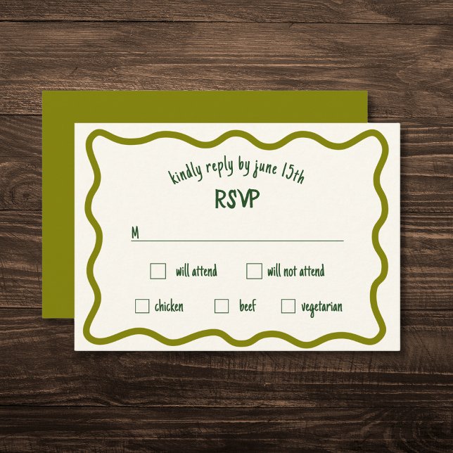Whimsical Wavy Border Handwritten Olive RSVP Card (Creator Uploaded)