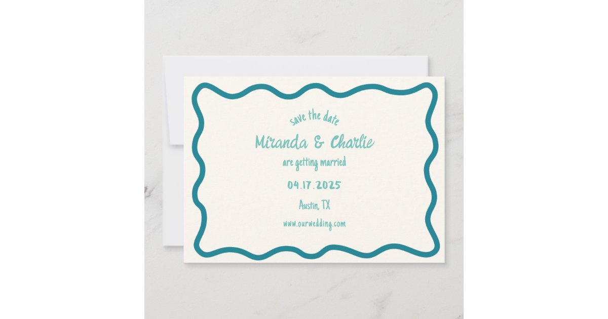 Whimsical Wavy Border Handwritten Retro Blue Save The Date | Zazzle