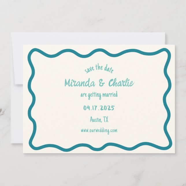 Whimsical Wavy Border Handwritten Retro Blue Save The Date (Front)