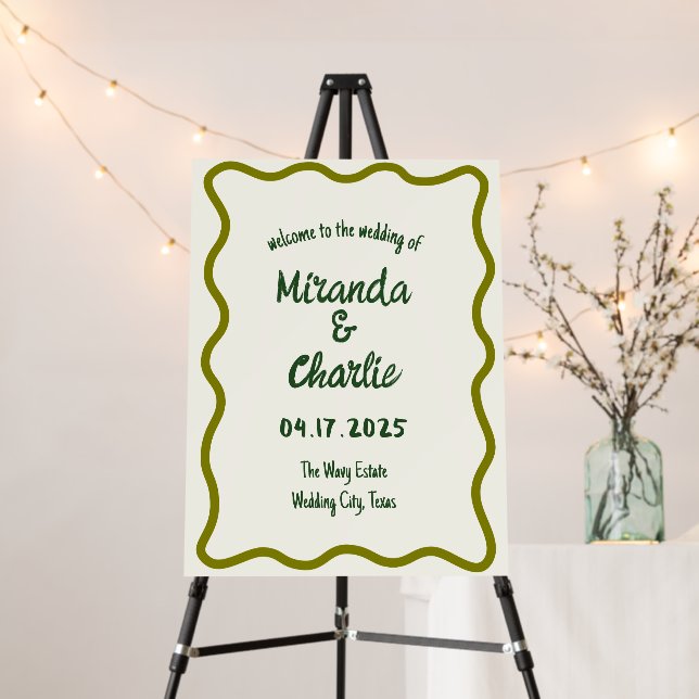 Whimsical Wavy Border Olive Wedding Welcome Sign (In Situ (Stand))