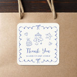 Whimsical Wavy Frame Baby Boy Shower Thank You Square Sticker<br><div class="desc">Cute light cream stickers for your baby boy shower party favors and thank you cards featuring a french blue wavy frame adorned with bows,  whimsical hand-drawn illustrations of hearts,  stars,  cake and nursery decor,  and "Thank You" showcased in a fun,  playful blue script.</div>