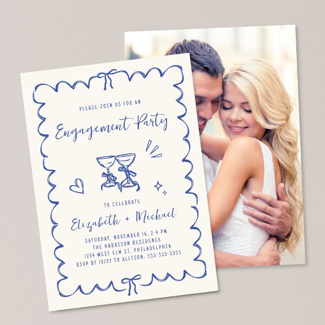 Whimsical Wavy Frame Blue Photo Engagement Party Invitation (Creator Uploaded)
