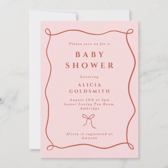Whimsical Wavy Frame & Bow Pink Baby Shower Invitation (Front)