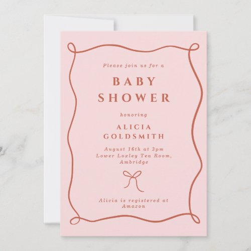 Whimsical Wavy Frame  Bow Pink Baby Shower Invitation