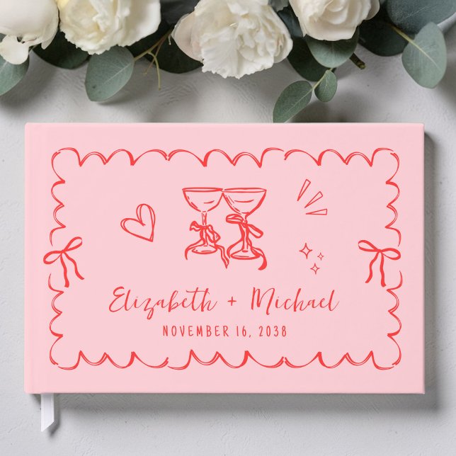 Whimsical Wavy Frame Hand Drawn Pink Red Wedding Guest Book (Whimsical Wavy Frame Hand Drawn Pink Red Wedding Guest Book)