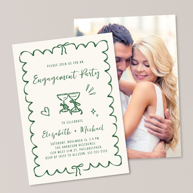 Whimsical Wavy Frame Photo Green Engagement Party Invitation (Creator Uploaded)