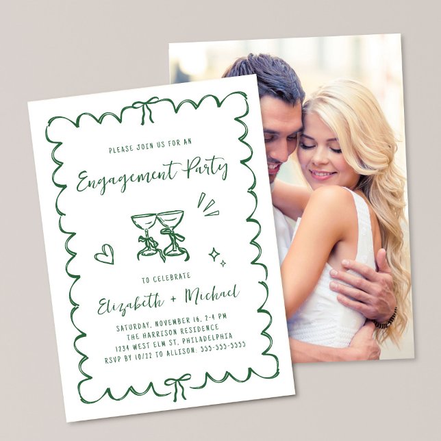 Whimsical Wavy Frame Photo Green Engagement Party Invitation (Creator Uploaded)