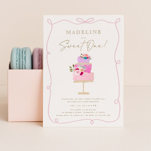 Whimsical Wavy Frame Pink Cake First Birthday  Invitation