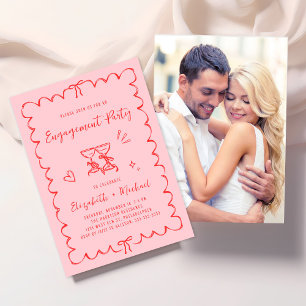 Whimsical Wavy Frame Pink Photo Engagement Party Invitation