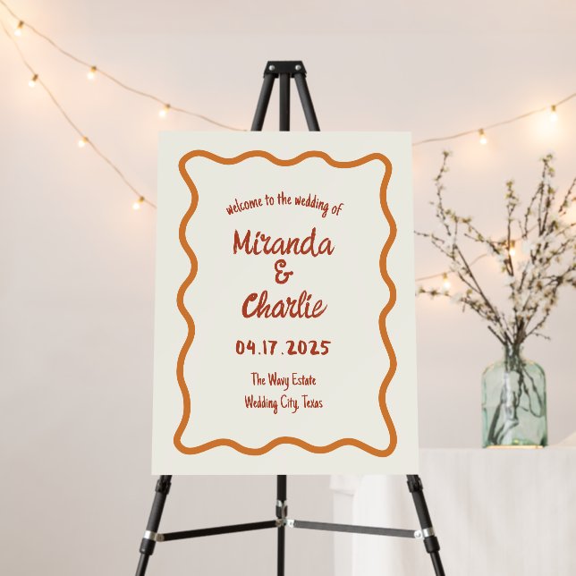 Whimsical Wavy Frame Retro Wedding Welcome Sign (In Situ (Stand))