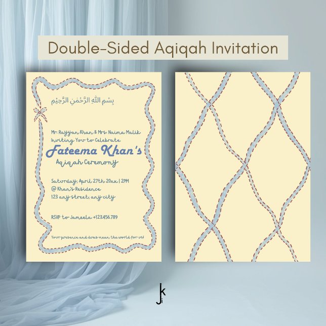 Whimsical Wavy of Light Yellow Soft Blue Aqiqah Invitation (Creator Uploaded)