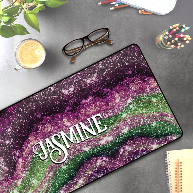 Whimsical wavy pink green Glitter monogram Desk Mat (Creator Uploaded)