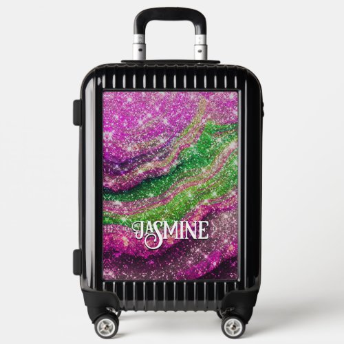 Whimsical wavy pink green Glitter monogram Luggage