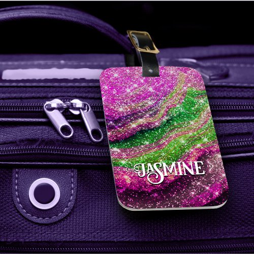 Whimsical wavy pink green Glitter monogram Luggage Luggage Tag