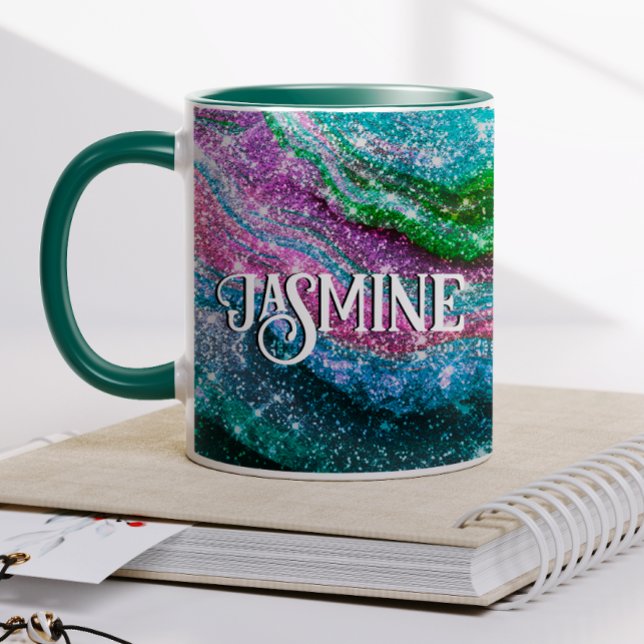 Whimsical wavy pink green Glitter monogram Mug (Creator Uploaded)