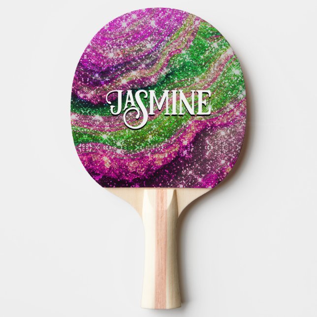 Whimsical wavy pink green Glitter monogram Ping Pong Paddle (Front)