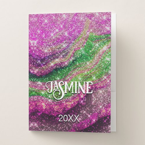 Whimsical wavy pink green Glitter monogram Pocket Folder