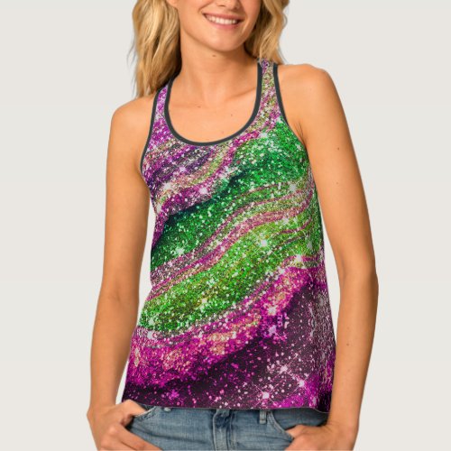 Whimsical wavy pink green Glitter monogram Tank Top