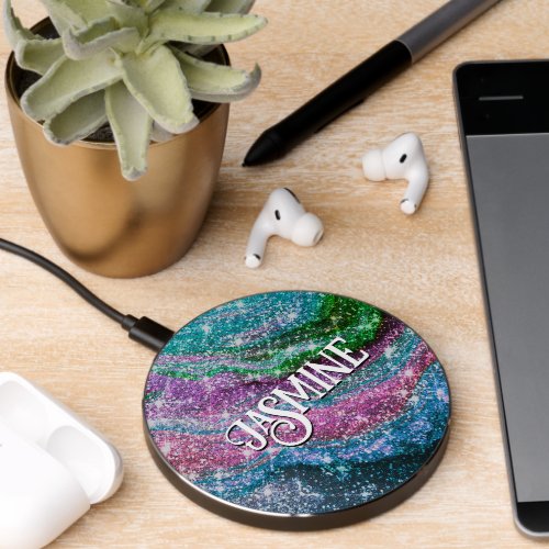 Whimsical wavy pink green Glitter monogram Wireless Charger
