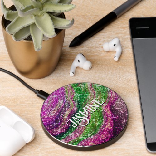 Whimsical wavy pink green Glitter monogram Wireless Charger