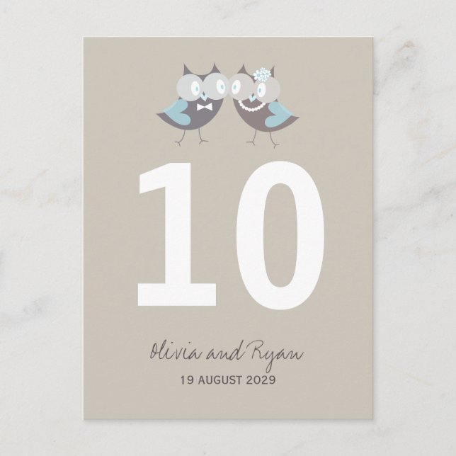 Whimsical Wedding Brown Blue Owls Table Number (Front)