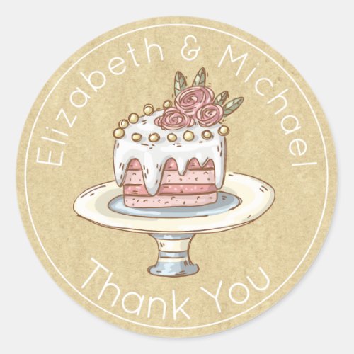 Whimsical Wedding Cake Thank You Favor Kraft Look Classic Round Sticker