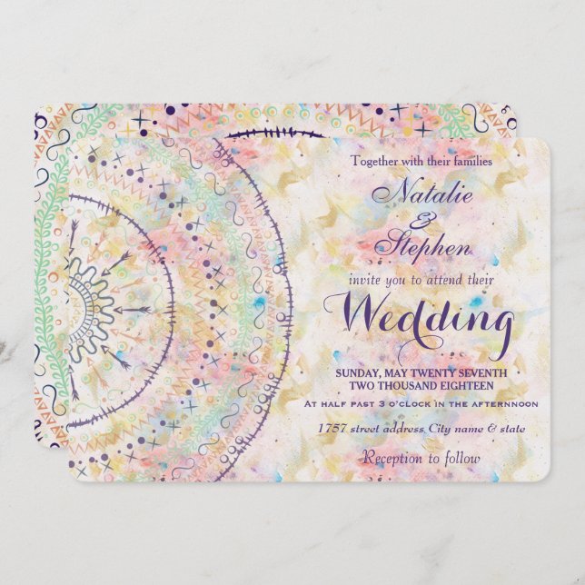 Whimsical wedding collection doddles mandala invitation (Front/Back)