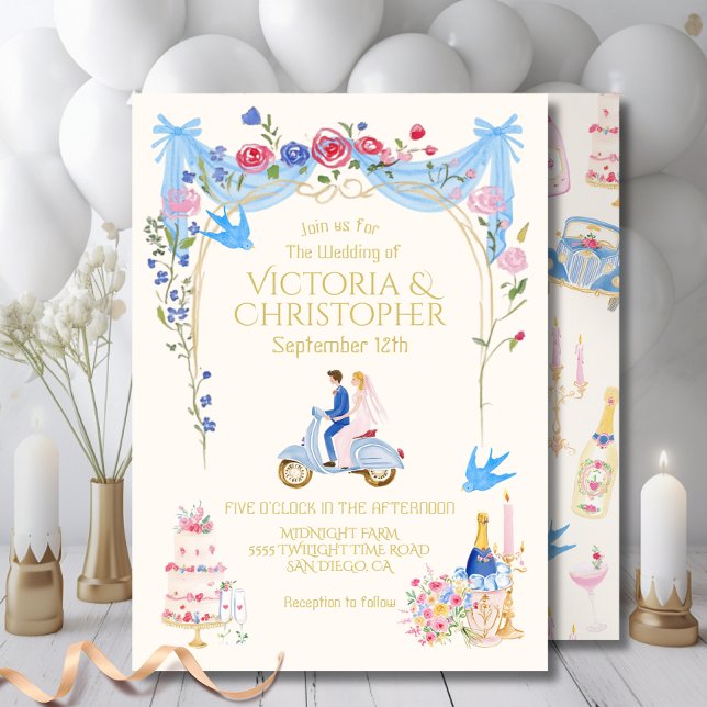Whimsical Wedding Couple Italian scooter Invitation (Creator Uploaded)