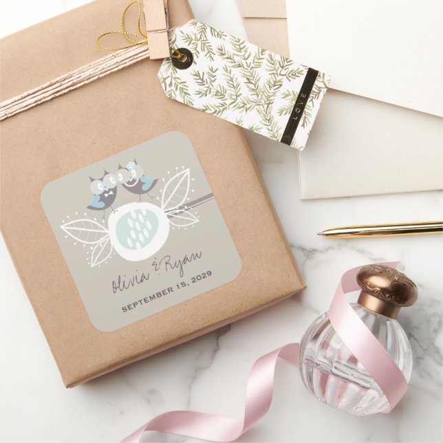 Whimsical Wedding Cute Owls On Branch Blue Sticker (Gifting)