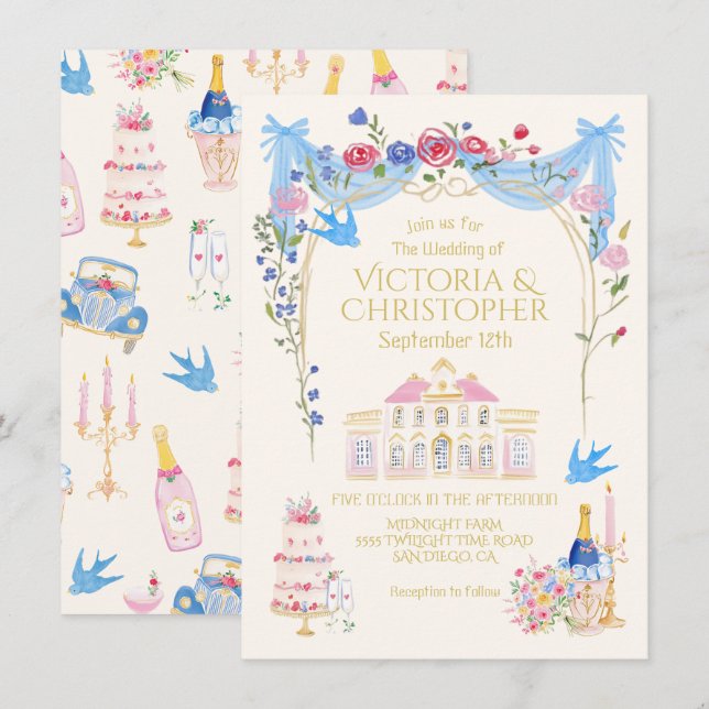 Whimsical Wedding French Chateau Mansion Invitation (Front/Back)