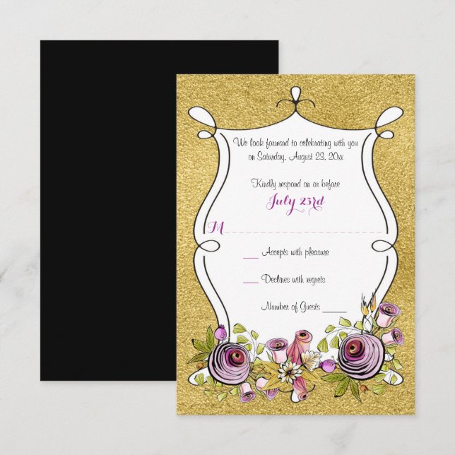 Whimsical Wedding RSVP | FAUX Gold Foil, Flowers Invitation (Front/Back)