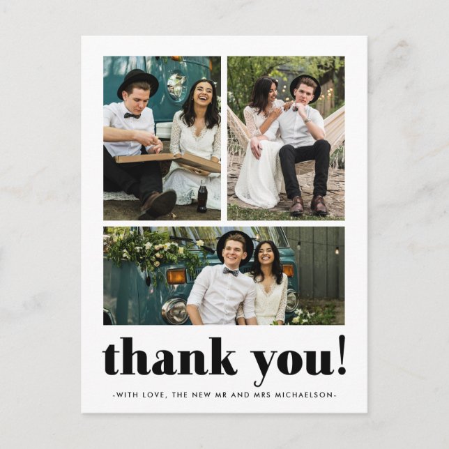 Whimsical Wedding Thank You Typography Three Photo Postcard (Front)
