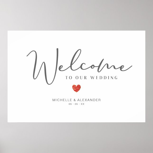 Whimsical Welcome Guests Wedding Red Heart Sign (Front)