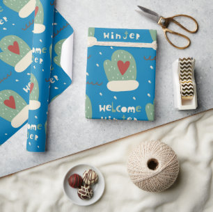 Whimsical Welcome Winter Blue Green Mittens Xmas Wrapping Paper