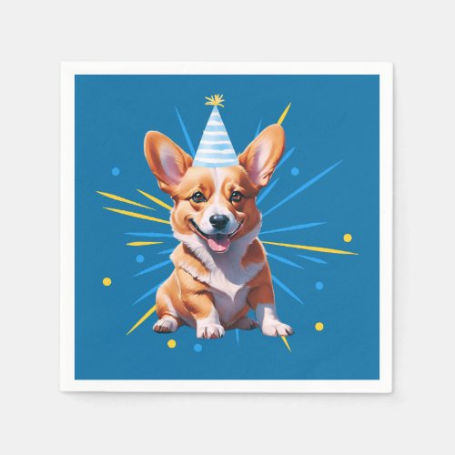 Whimsical Welsh Corgi In A Birthday Party Hat Napkins