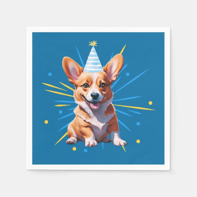 Whimsical Welsh Corgi In A Birthday Party Hat Napkins (Front)