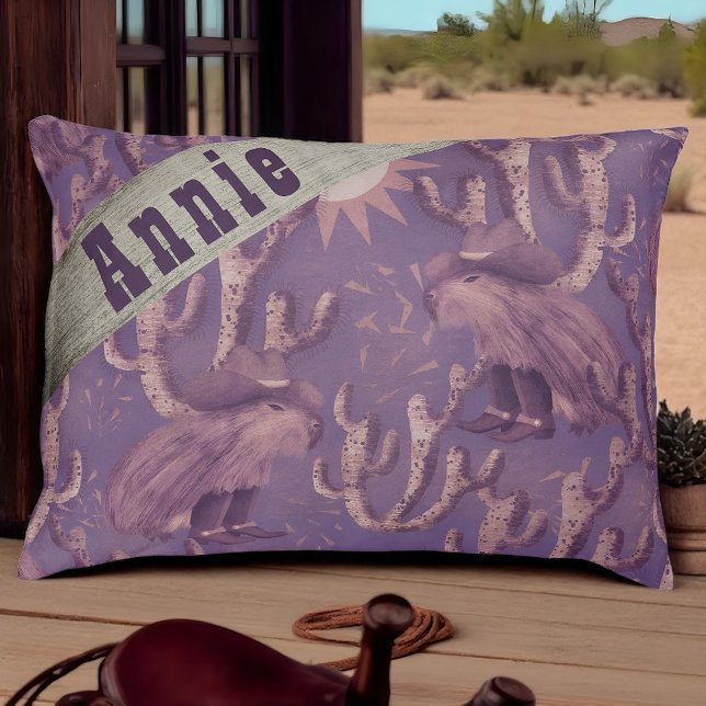 Whimsical Western Cowboy Capybara Dusk Pet Bed (Purple cowboy capybara pet bed with cacti and your pet’s name.)
