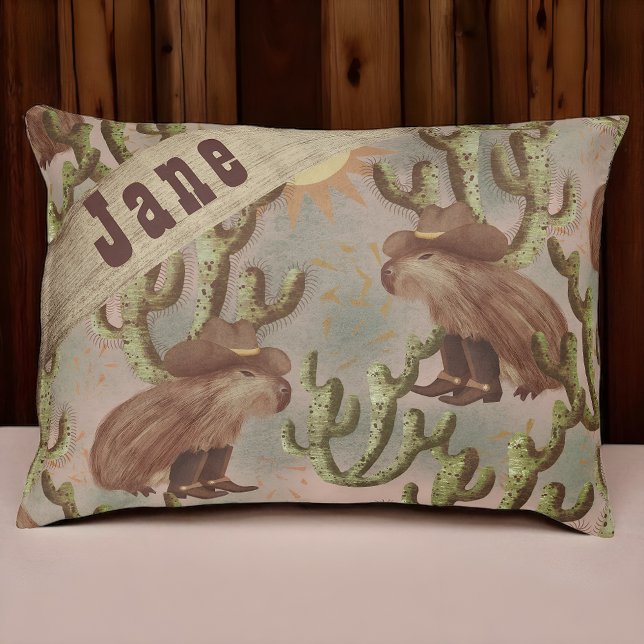 Whimsical Western Cowboy Capybara  Pet Bed (Cowboy capybara pet bed with cacti and your pet’s name.)