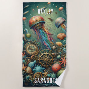 WHIMSICAL WHACKY FUNKY STEAMPUNK JELLYFISH BEACH TOWEL