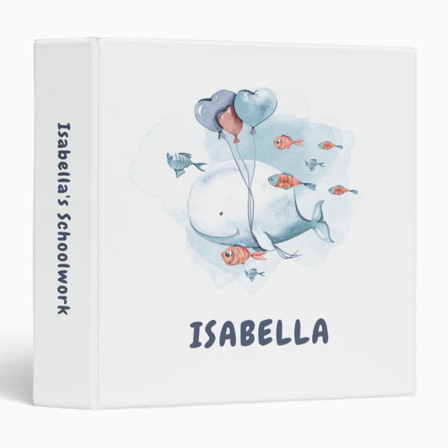 Whimsical  Whale and Fishes Personalized 3 Ring Binder (Front/Spine)