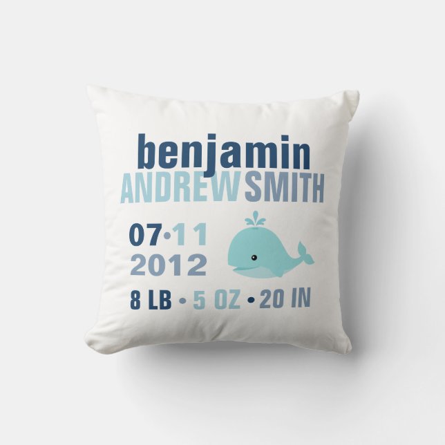 Whimsical Whale Baby Birth Announcement {blue} Throw Pillow (Front)