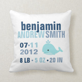 Whimsical Whale Baby Birth Announcement {blue} Throw Pillow